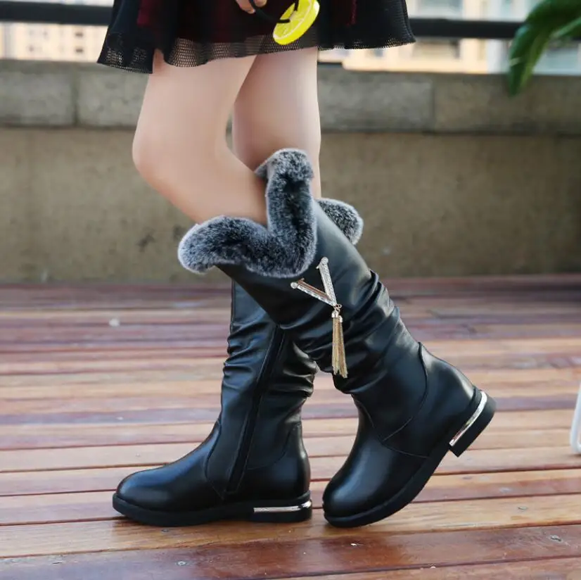 New high quality Genuine leather Girls Long Snow Boots 26-37 Winter boots for Plush Warm Shoes for girls kids Sport Shoes