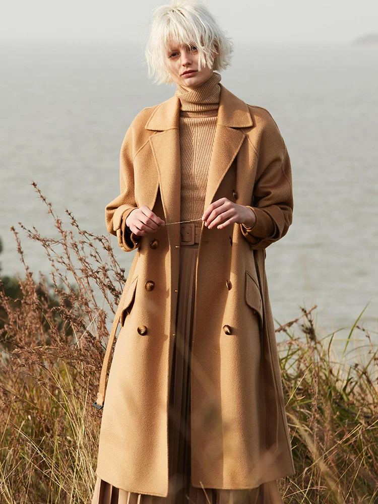 

Женское кашемировое пальто средней длины, двустороннее шерстяное пальто в стиле ретро, с волнистым верблюжьим узором, 2021