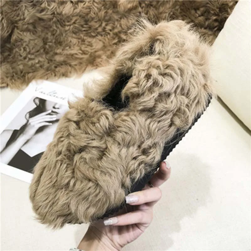 

Winter Women's Warm Wool Fur Pumps Shoes Flat Platform Slip On Casual Round Toe Solid Color Shoes M90