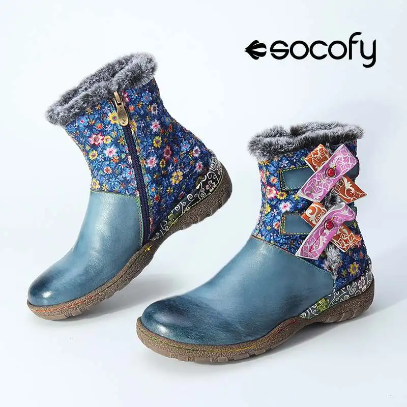 SOCOFY/богемные винтажные женские теплые зимние ботильоны на плоской подошве с плюшевой подкладкой женская обувь на застежке-липучке с цветочным узором женские ботинки; Новинка года