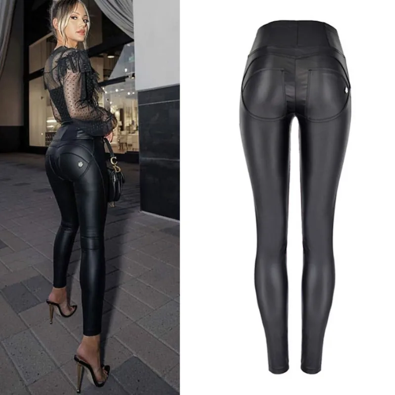 

PU Leather Pants Women Sexy Elastic Waistline Hips Push Up Leather Stretch Skinny Trousers Sexy Leather Leggings New Plus SIze