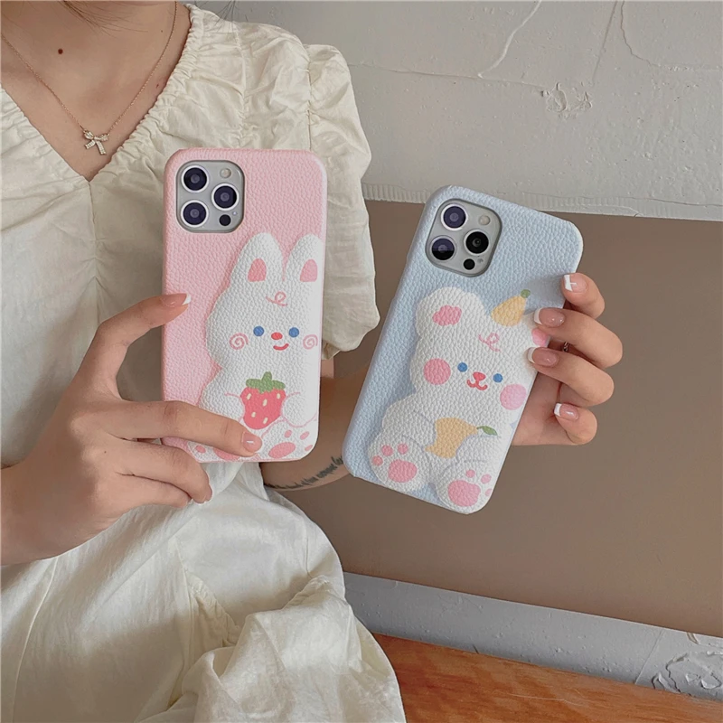 

Korea Super Cute Strawberry Bunny Bear Lychee Textured Leather Phone Case for Iphone 12 11 Pro Max Xs Xr 7 8 Plus X SE2020 Cover