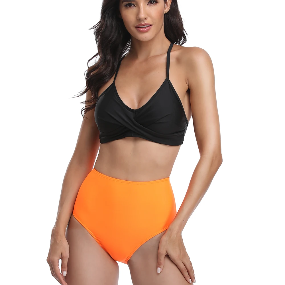 Черные костюмы для плавания топ + оранжевый пляжные дно купальные девочек 2021