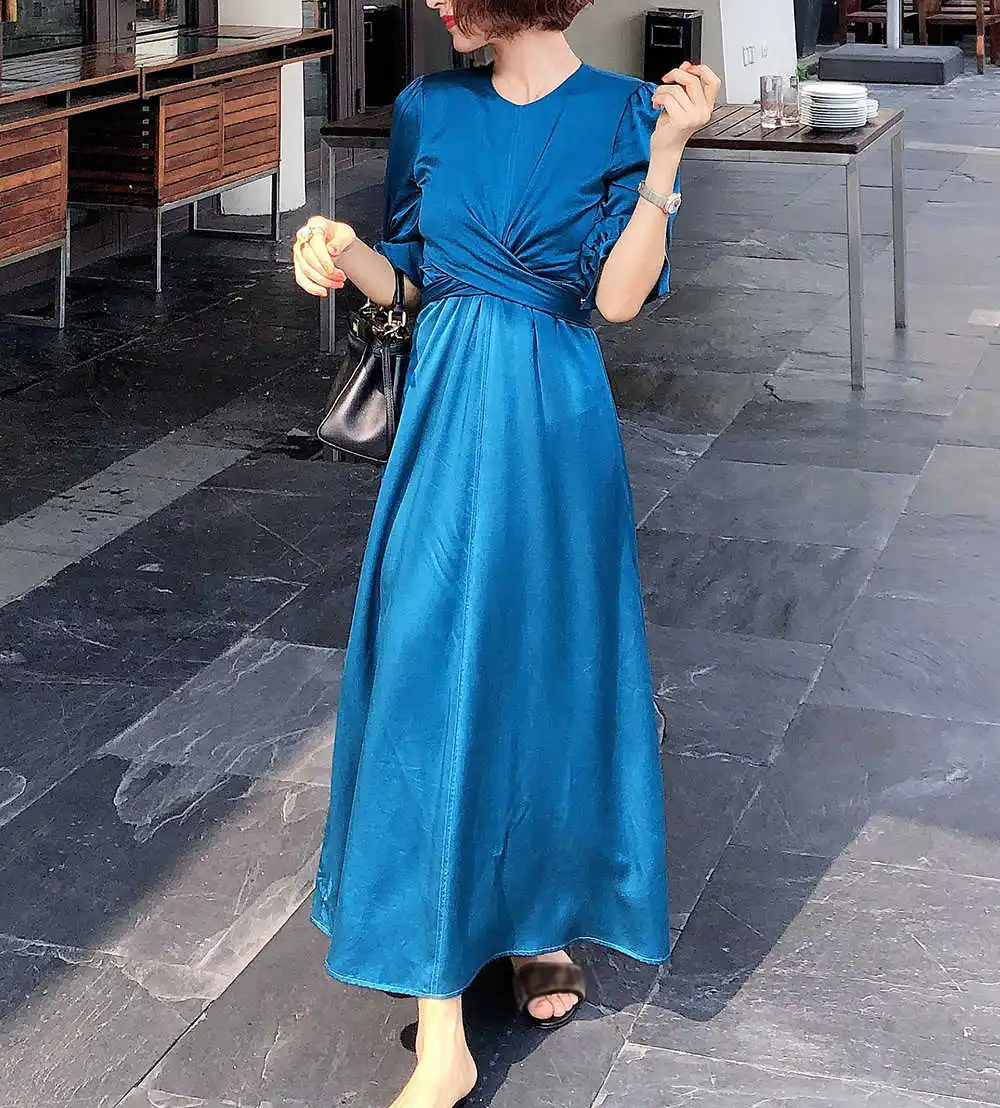 

Женское длинное платье, однотонное синее платье из смесового шелка с рукавами до локтей, круглым вырезом и завязкой на талии