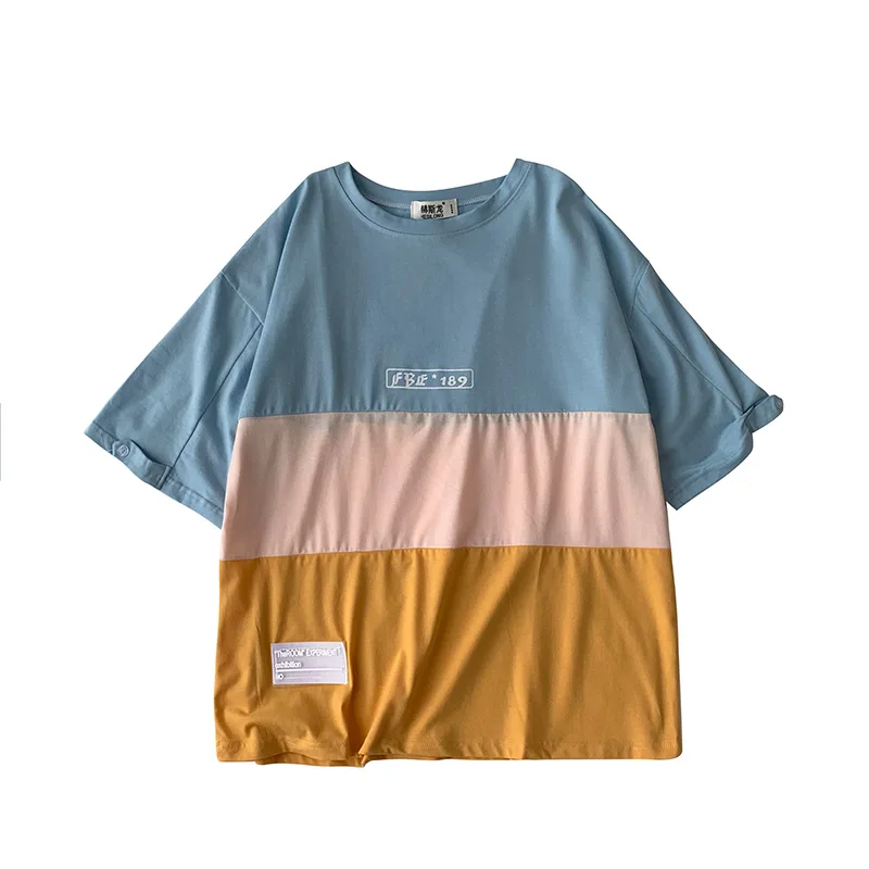 

2021 New Harajuku Funny Hit Color Patchwork T-Shirt Fashion Loose Creative Couples Clothes Summer All-Match Hip Hop Streetwear
