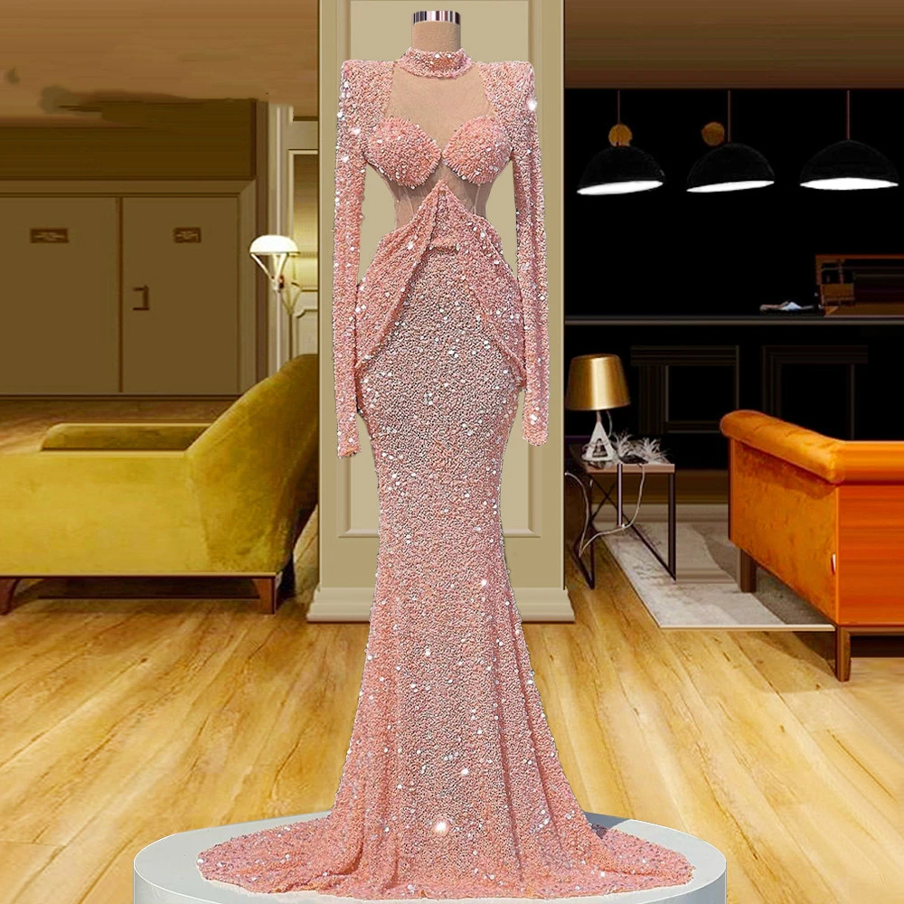 

High Neck Long Sleeve Pink Mermaid Prom Dresses 2021 Beaded Evening Gowns Party Dress For Women Robe De Soiree