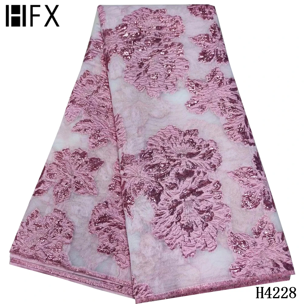 

HFX High Quality Brocade Lace Fabric 2021 Pink African Jacquard Fabric French Tulle Lace Fabric For Nigerian Wedding Dress F4228