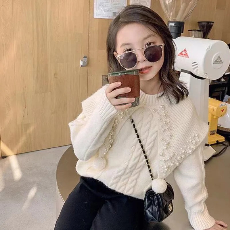 

Girls Sweater Baby's Coat Outwear 2021 Beading Thicken Warm Winter Autumn Knitting Scoop Jacket Formal School Children's Clothin