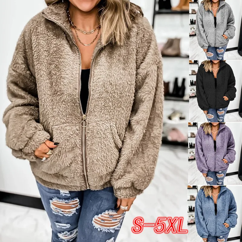 

Autumn Warm Fleece Hooded Jacket Women's Loose Casual Cardigan Winter Women Coat Pockets Zipper Outerwear Ladies Plush Jackets