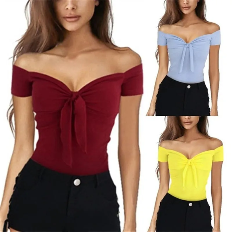 

Summer Women Casual Beach Party Stretch Slim Fitted Tee T-Shirt Women Sexy Off Shoulder V-neck Bow Cotton Tops
