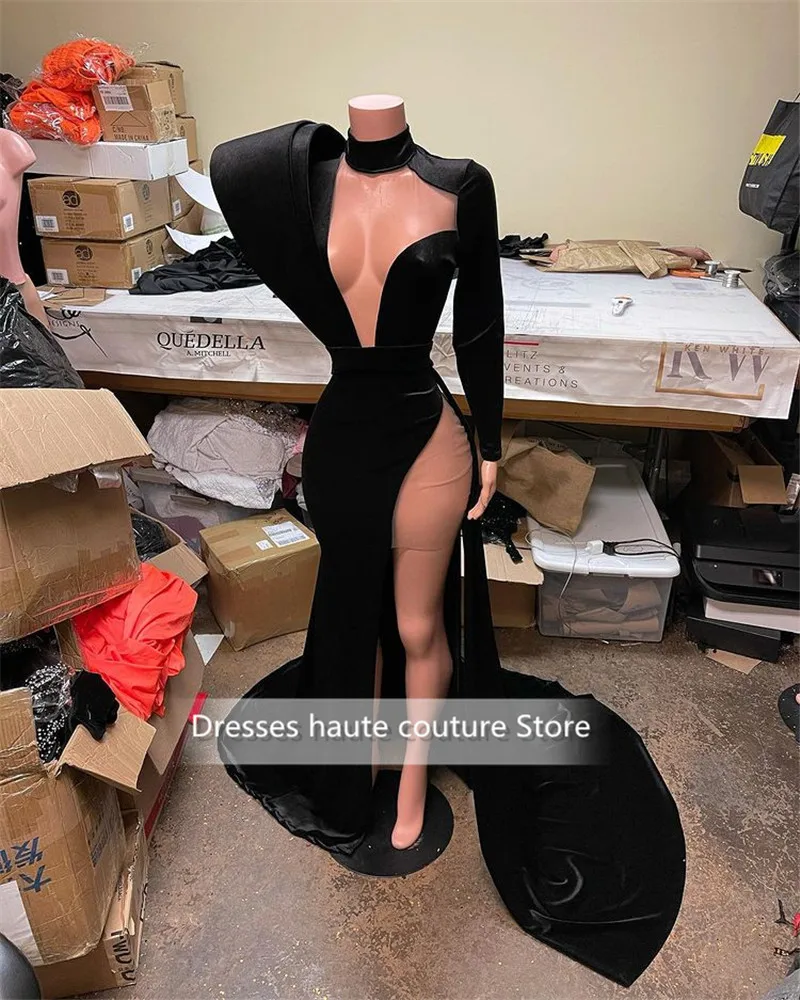 

Arabic Aso Ebi 2021 Black Mermaid Prom Dresses High Split Evening Dresses Velvet Formal Party Second Reception Gown Plus Size