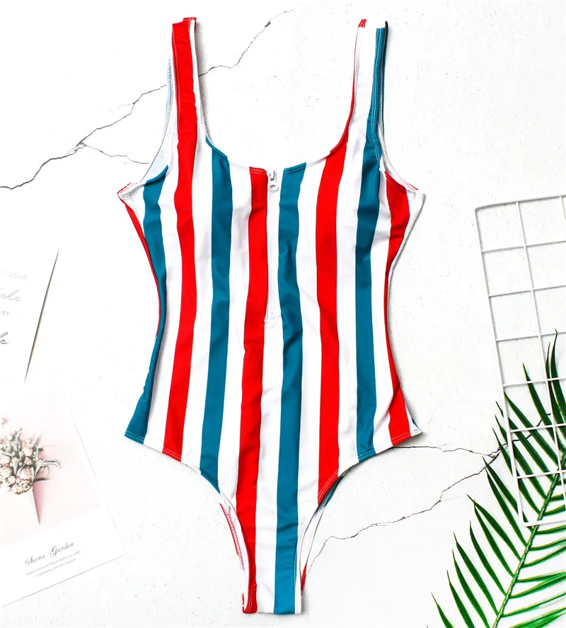 

One Piece Striped Swimwear Women Zipper Swimsuit 2021 Bandage Monokini High Waist Beachwear Bathing Suit Push Up Swim Suit