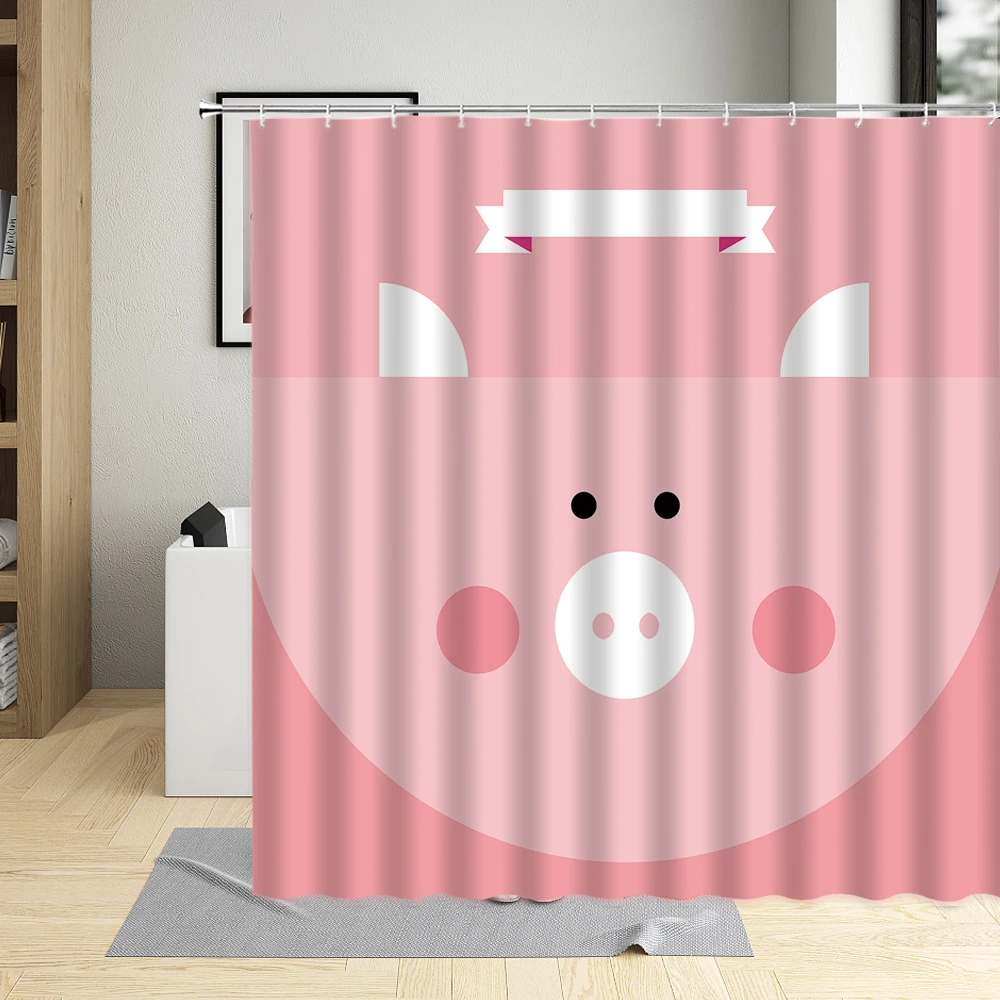 

Cute Pink Pig With Bow Shower Curtain Funny Animal Piggy Cartoons Hanging Curtains Child Bath Screens Bathroom Decor With Hooks