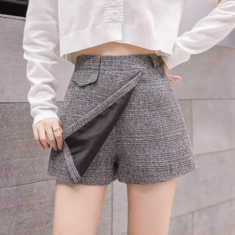 Irregular Woolen Plaid Shorts Skirts For Women Atumn Winter Office Short Women Plus Size Booty Shorts Feminino