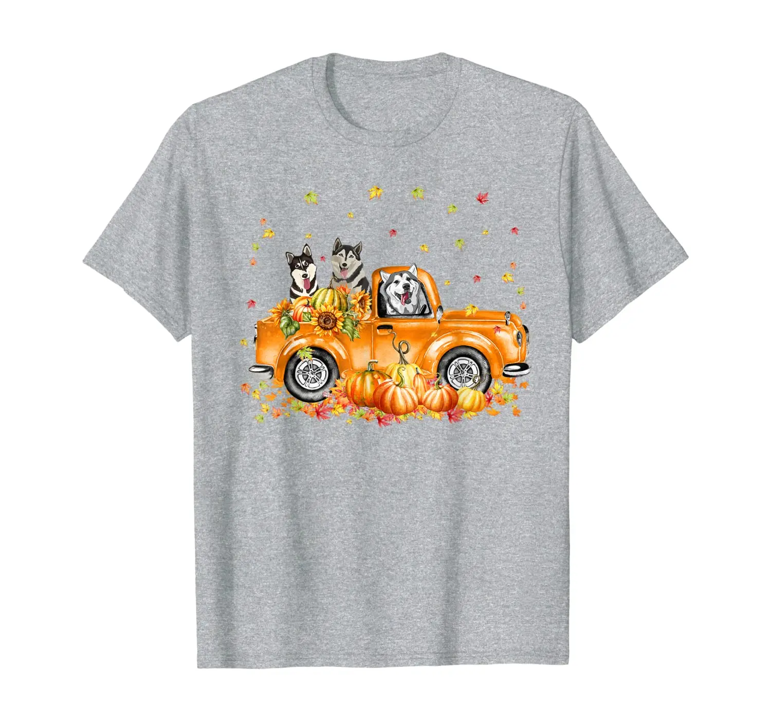

Siberian Husky Riding Truck Pumpkin Autumn Leaves Fall T-Shirt