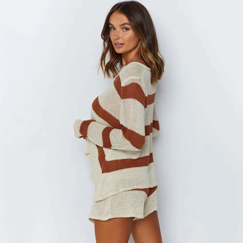 

2021 Autumn Knitted Pajama Set Women Loungewear Striped Lounge Wear Set Pjs Women Homewear Sleepwear Ladies