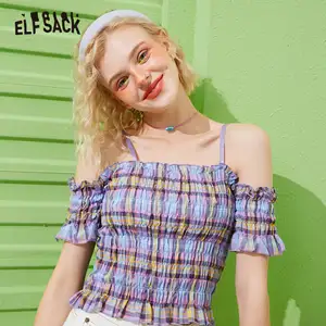 Женская винтажная клетчатая рубашка ELFSACK, розовая или синяя Повседневная рубашка с открытыми плечами в британском стиле, лето 2020