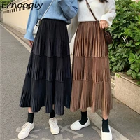 female vintage velvet pleated skirt women korean fashion lady solid color all match high waist black beige maxi skirt femme