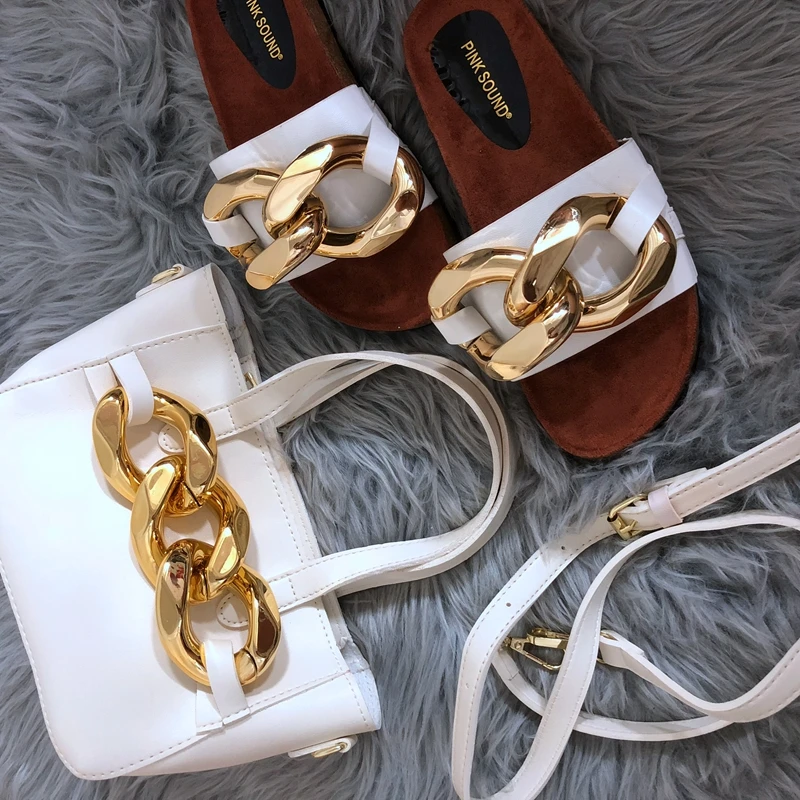 

Шлепанцы женские с цепочкой, уличные сандалии на плоской подошве, пляжные тапочки, сланцы, повседневные сумки для девушек, лето