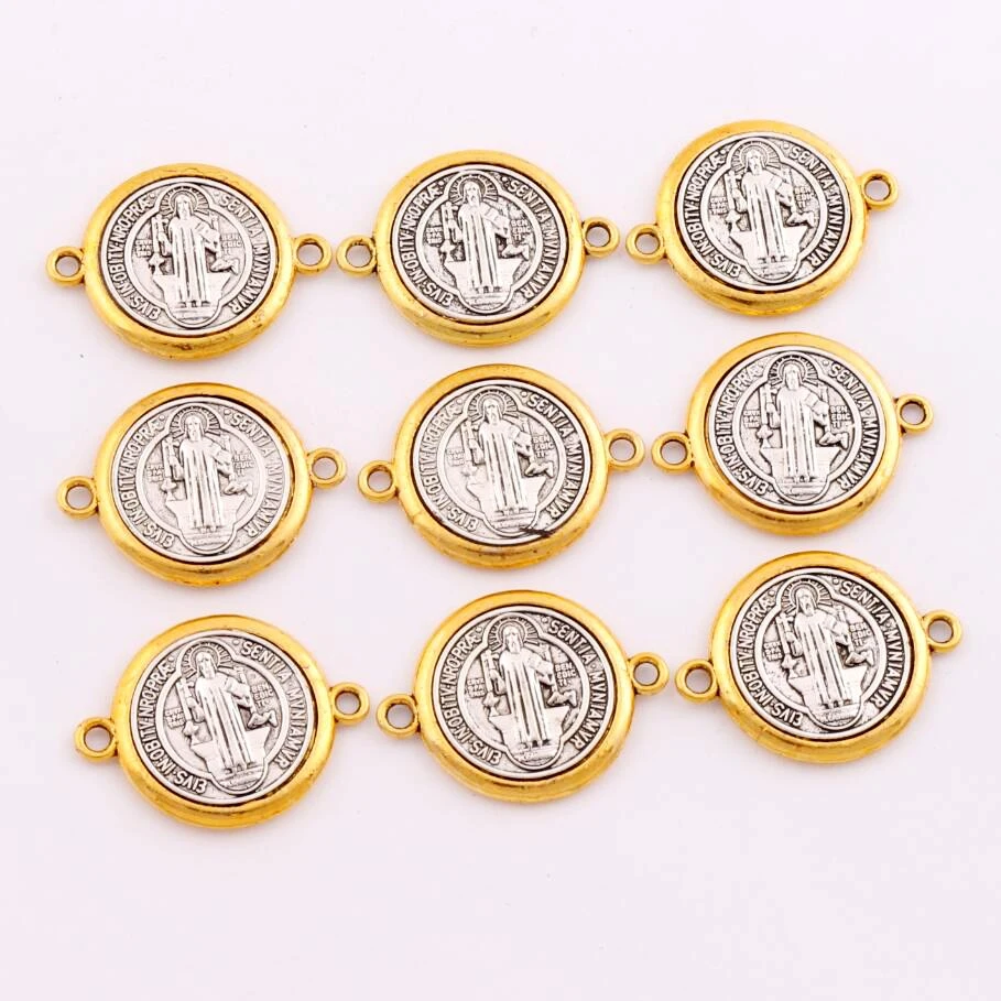 20pcs Tibetan Silver Zinc Alloy And  Saint St Benedict Medal Cross Spacer End Connecor Jewelry 34.2x25.75mm L1700