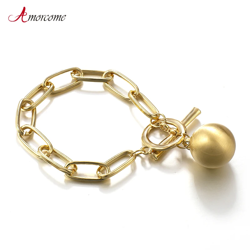Amorcome золото Цвет круглые металлические браслеты из нержавеющей стали для женщин