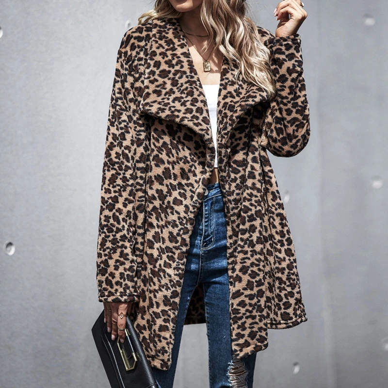 

Women Winter Fuzzy Plush Long Sleeve Coat Vintage Leopard Printed Oversized Loose Jacket Lapel Collar Warm Parka Overcoat Outerw