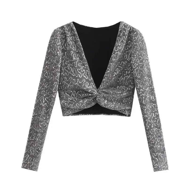 

MESTTRAF Sexy Women 2021 Shiny Sequined Party Crop Blouses Vintage Long Sleeve Side Zipper Female Shirts Blusas Chic Tops