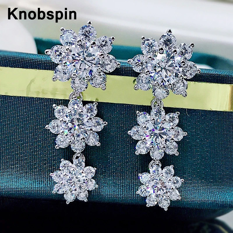 

Knobspin 100% 925 стерлингового серебра три тычинки цветы 5A циркон серьги для женщин Свадебные обручальные кольца вечерние ювелирные украшения