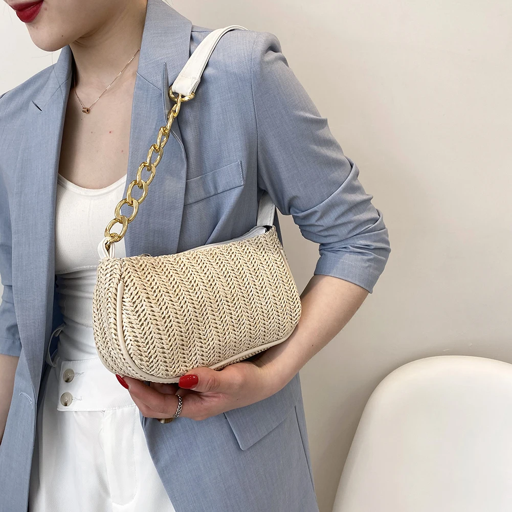 

2021 Women Summer Straw Bags Patchwork Beach Bags Raffia Rattan Woven Small Underarm Bag Female Thick Chain Bohemia Travel Bag