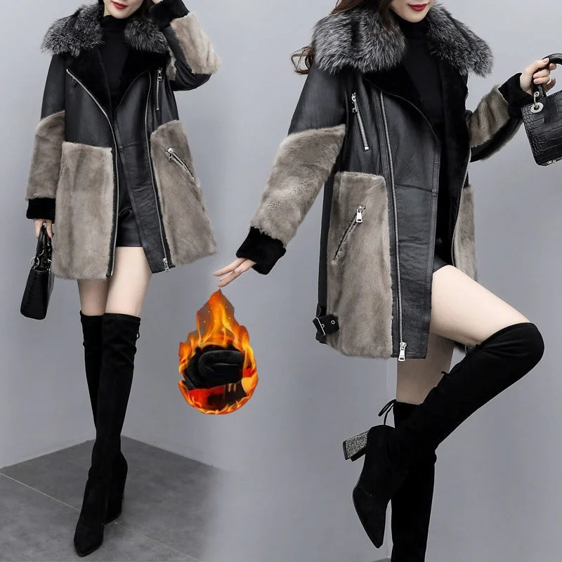 

2021 New Women's Clothing Thick Warm Winter Retro Suede Lambswool Motorcycle Jacket Leisure Loose PU Leather Jackets Y115