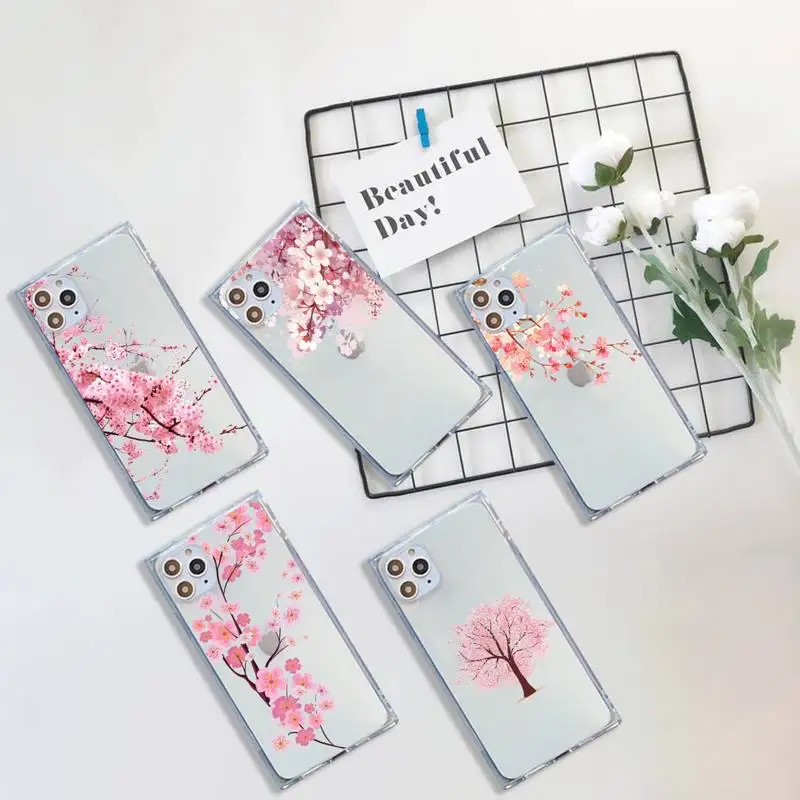 

Cherry blossoms PINK FLOWER Phone Case For iPhone 7 8 11 12 X XS XR MINI Pro Max Plus Clear Square Transparent