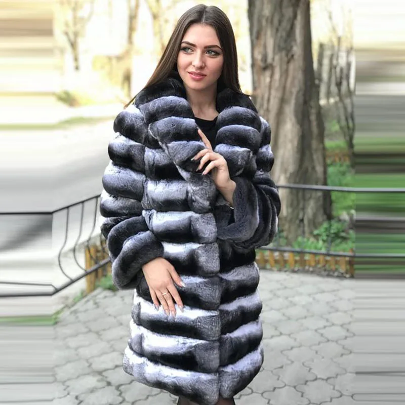 2022 Fashion Real Chinchilla Color Rex Rabbit Fur Coat With Hood For Women Winter Outwear Thick Warm Genuine Fur Jackets Natural