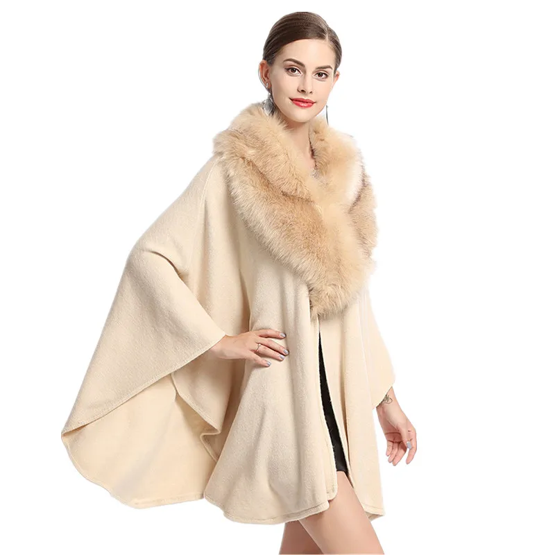 

Women's poncho autumn winter new style fox fur large fur collar loose plus size knitted shawl cape sweater warm coat shawl cape