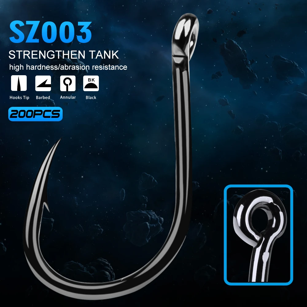 

200pcs/lot Fishing Hook 3#-15# Single Hook High Qulity Fishing Tackle Black Color Jig Big Hook Treble Hooks