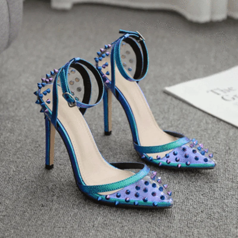 

2021 Elegant Blue High Heels Women Pumps Pointed Toe Wedding Shoes Buckle Strap Party Rivet Pumps Shoes Women shoes high heels