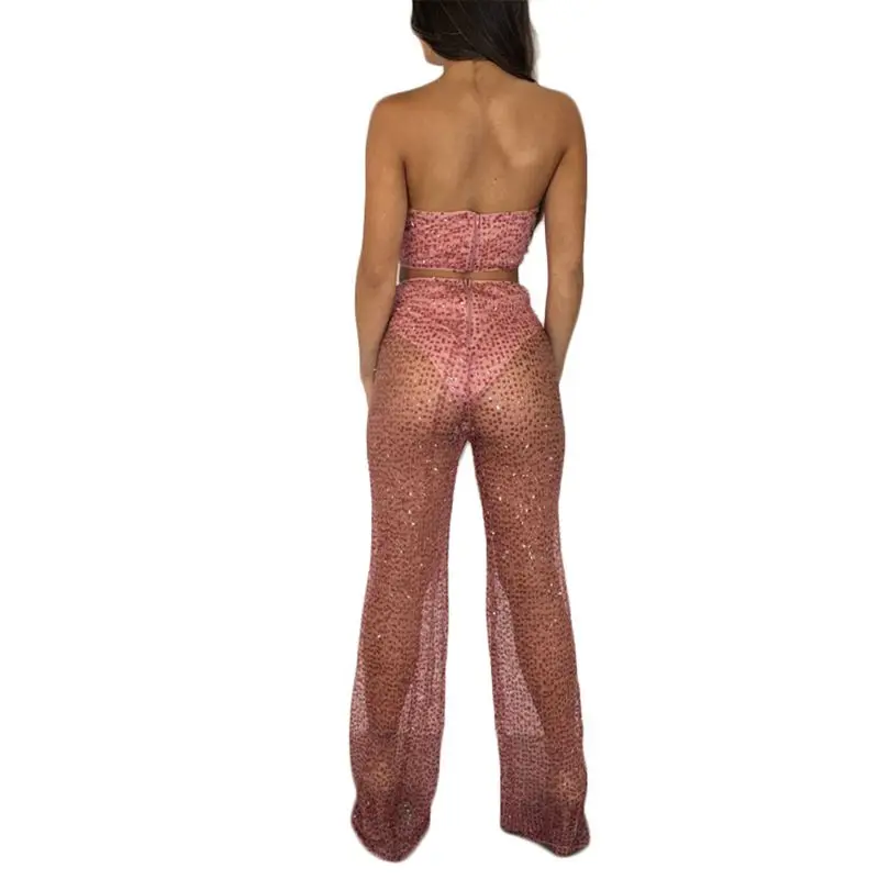 Женский Блестящий укороченный топ с блестками и штаны комплект из двух предметов
