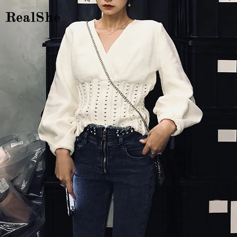 RealShe вязаный женский свитер с v образным вырезом и длинным рукавом фонариком топы