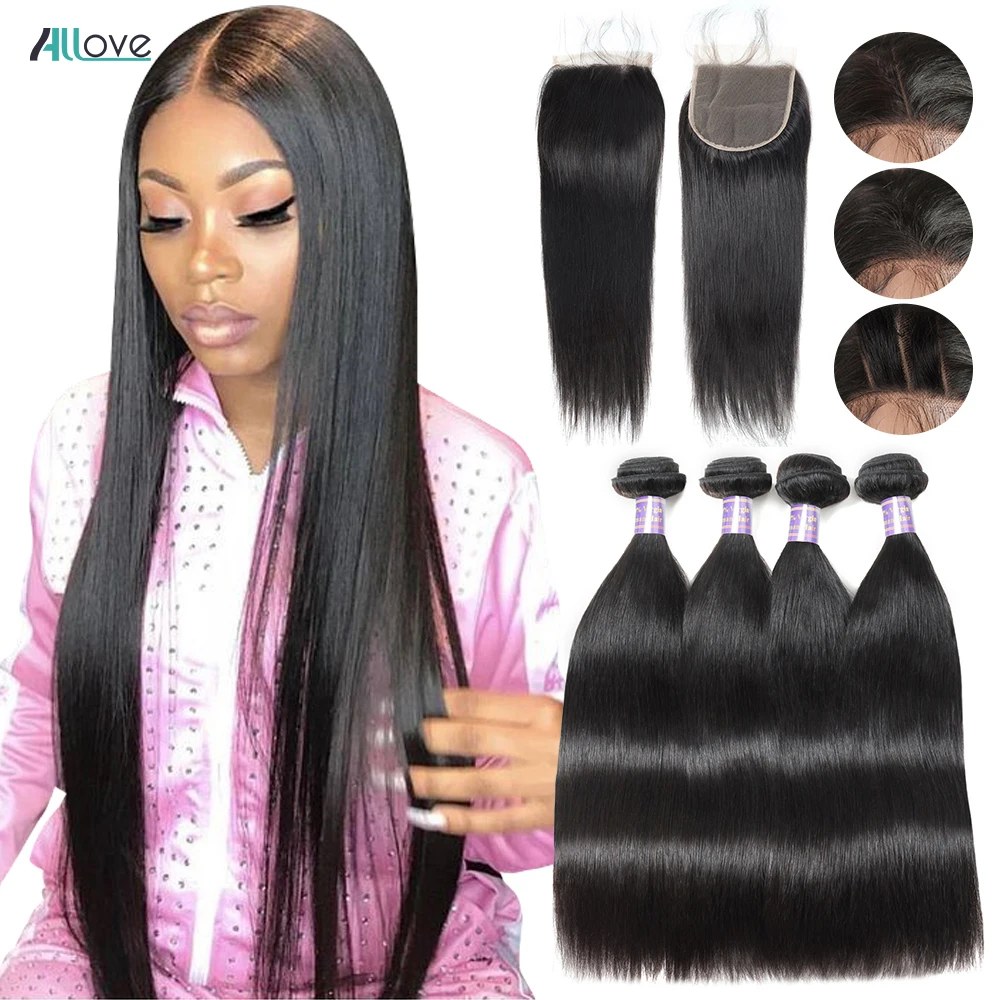 Allove кости прямые пряди с закрытием 5X5 застежка бразильских человеческих волос