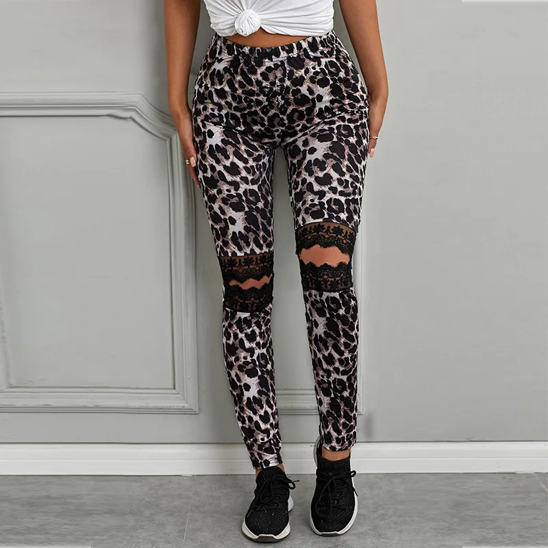 

Leopard lace stretch pants women leggings holes fashion plus size legging shein