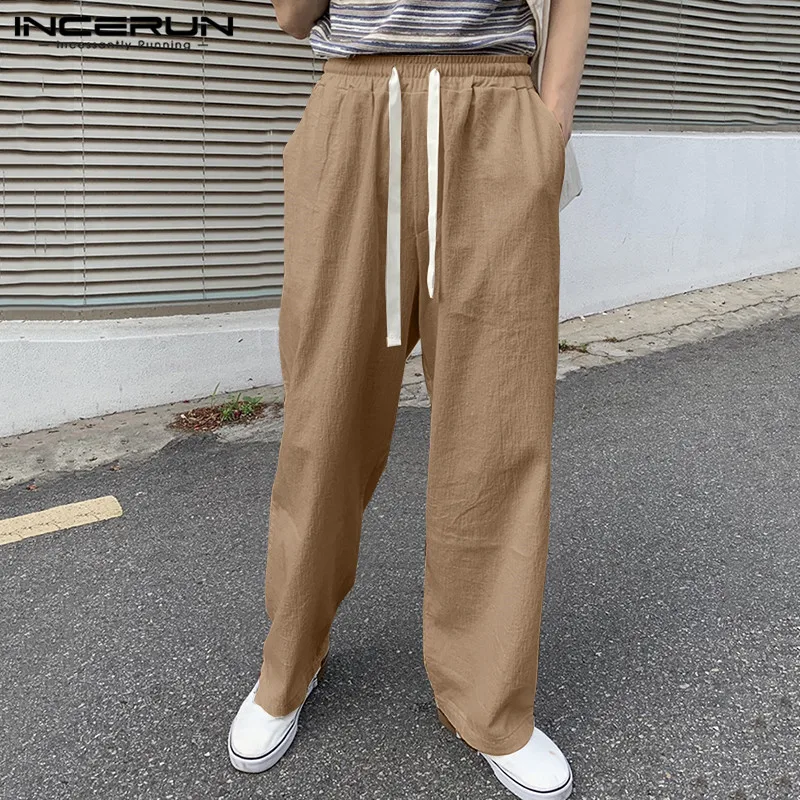 

Vintage Pantalones INCERUN Men Casual Straight Pants Solid Color Drawstring Trousers 2021 Spring Male Loose Baggy Bottoms S-5XL