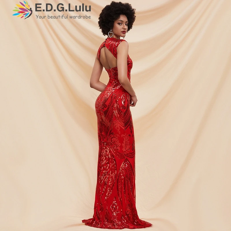 

EDGLuLu O Neck Off Shoulder Long Sequin Mermaid Dress Party Gowns Robe Soiree Sexy Formal Evening Dresses Red White 0725