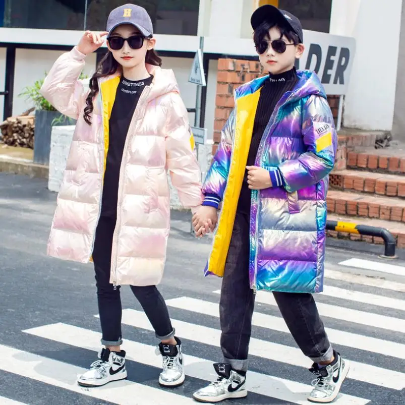 

2020 новое длинное стеганое ослепительное детское зимнее пальто для девочек детская теплая верхняя одежда, утепленные пуховые пальто с капюшоном для подростковая одежда