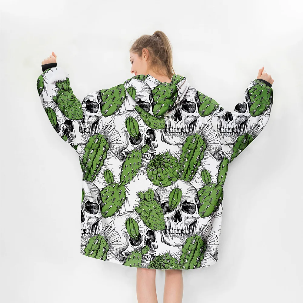 

Wearable Adult Winter Thick Comfortable TV Blanket Skull Warm Hoodie Fleece Weighted Lazy Blanket for Home Office Hotel Travel