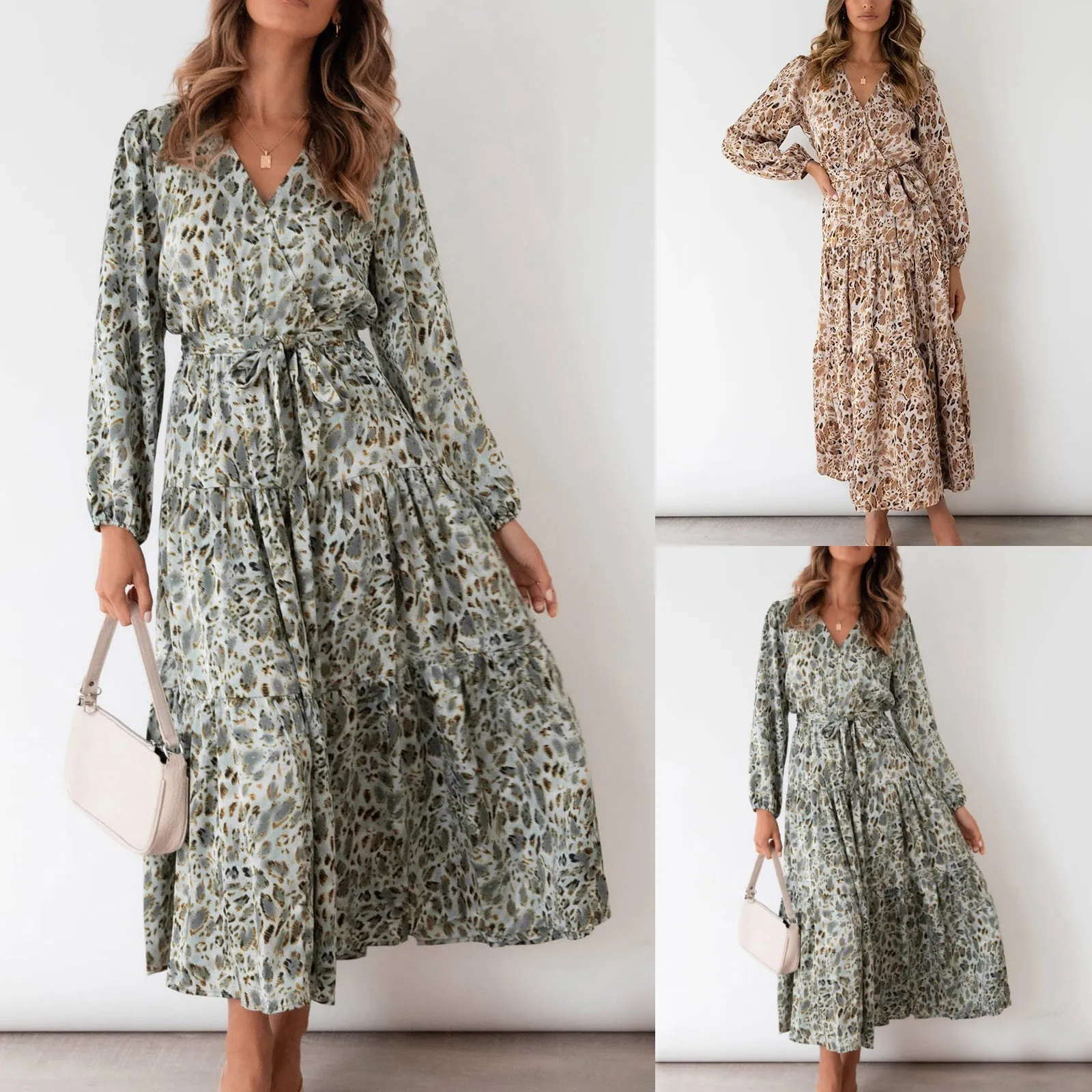 

Женское платье в горошек, с леопардовым принтом и длинным рукавом