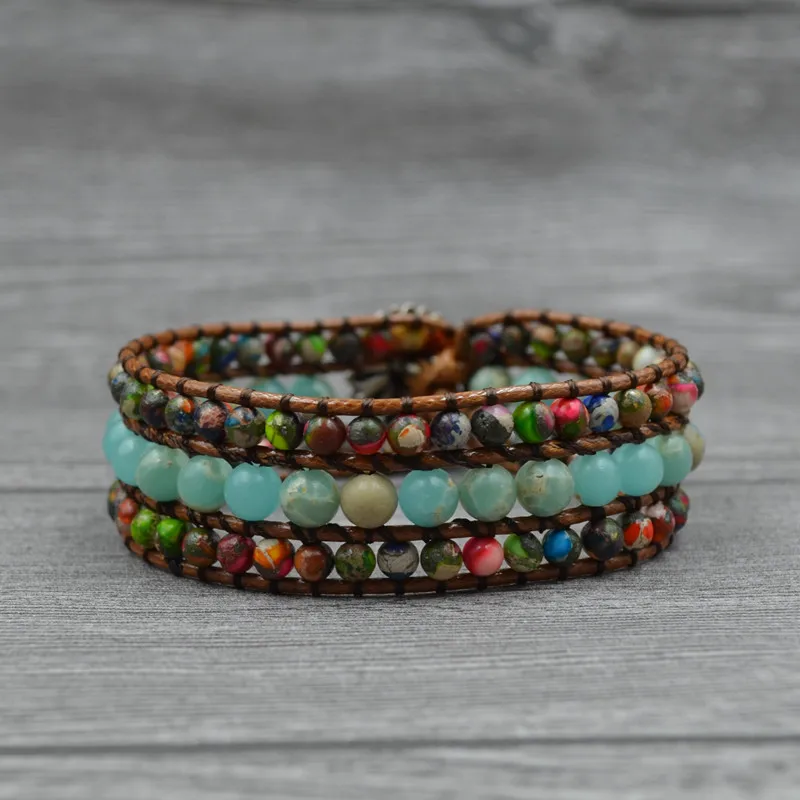 Красочные браслеты в стиле бохо кожаные из натурального камня винтажные на