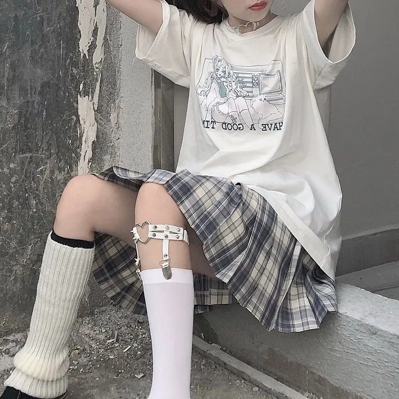 

2022 student short-sleeved T-shirt female punk summer Japan college style goth dark sweet soft girl loose white tees primer tops