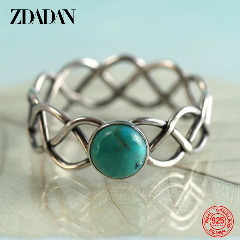 

ZDADAN 925 Sterling Silver Twist Turquoise Ring For Women Charm Wedding Jewelry Party Gift