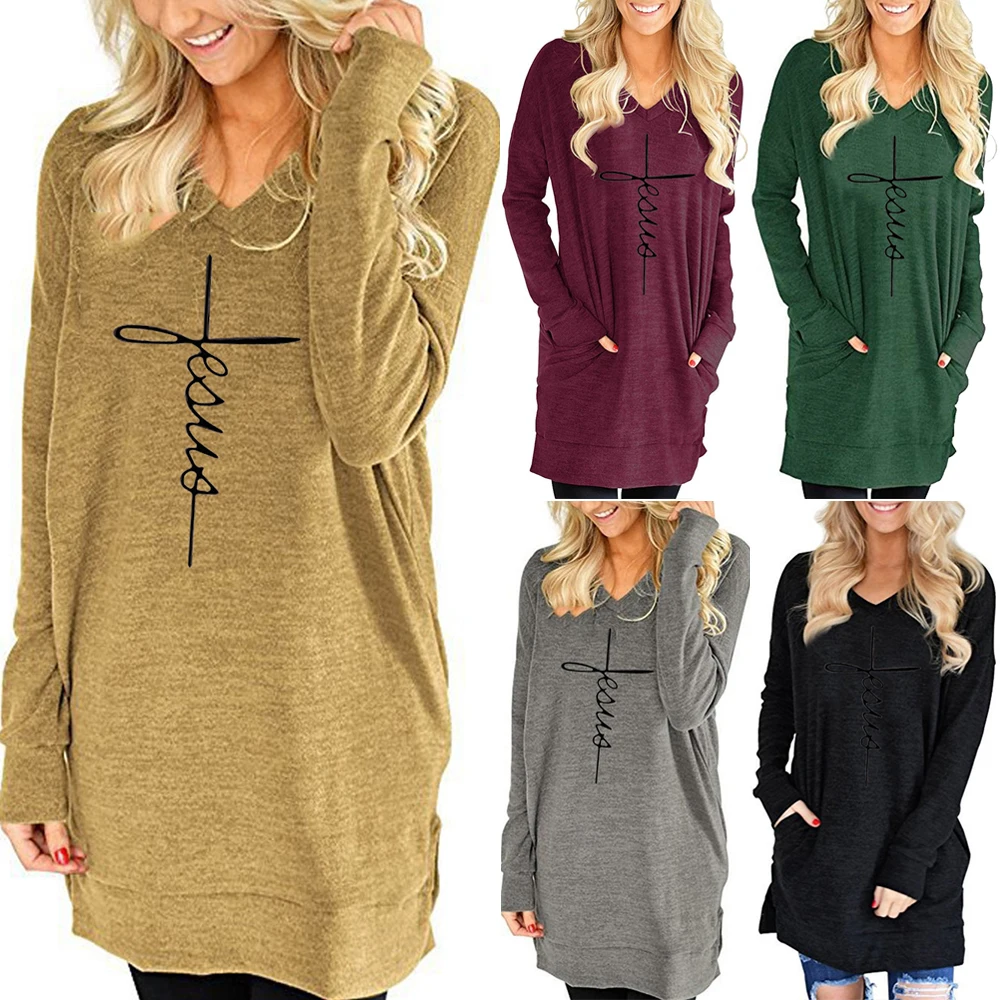 

Autumn Pocket Oversized T Shirt Printed Loose Long Sleeve t Shirt Women Clothing Causal V-neck Long Split Cotton T-shirt Female