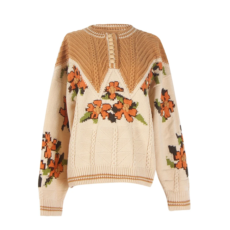 Женский вязаный свитер подиумный дизайнерский винтажный жаккардовый с длинным