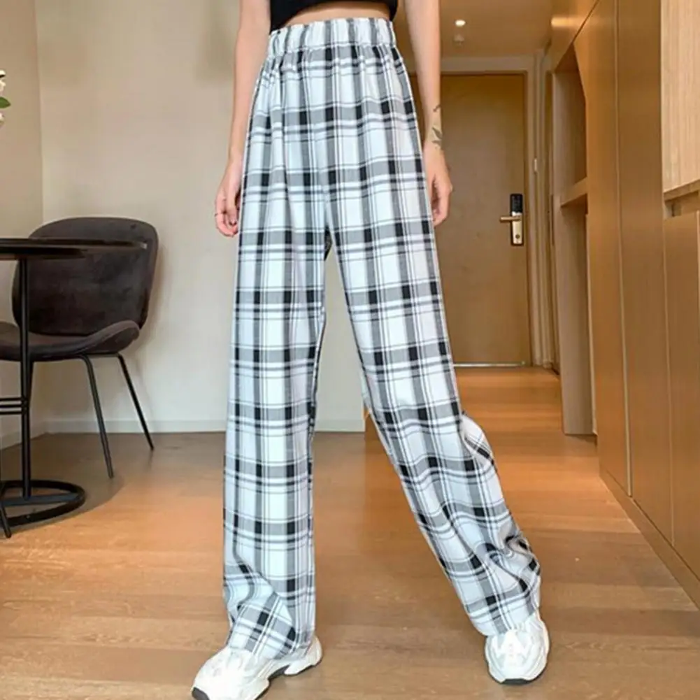 Уличная мода с высокой талией клетчатые прямые брюки женские свободные
